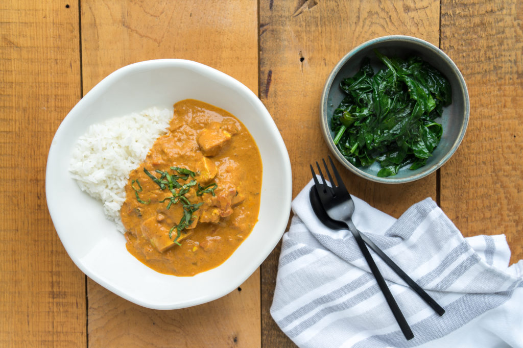 Chicken Tikka Masala with White Rice + Spinach Ends + Stems with Chef