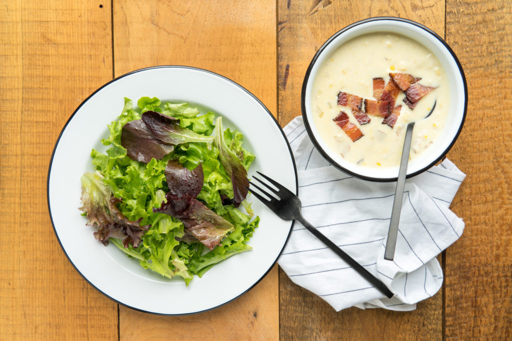 Corn Chowder + Bacon with Green Salad - Ends + Stems with Chef Alison