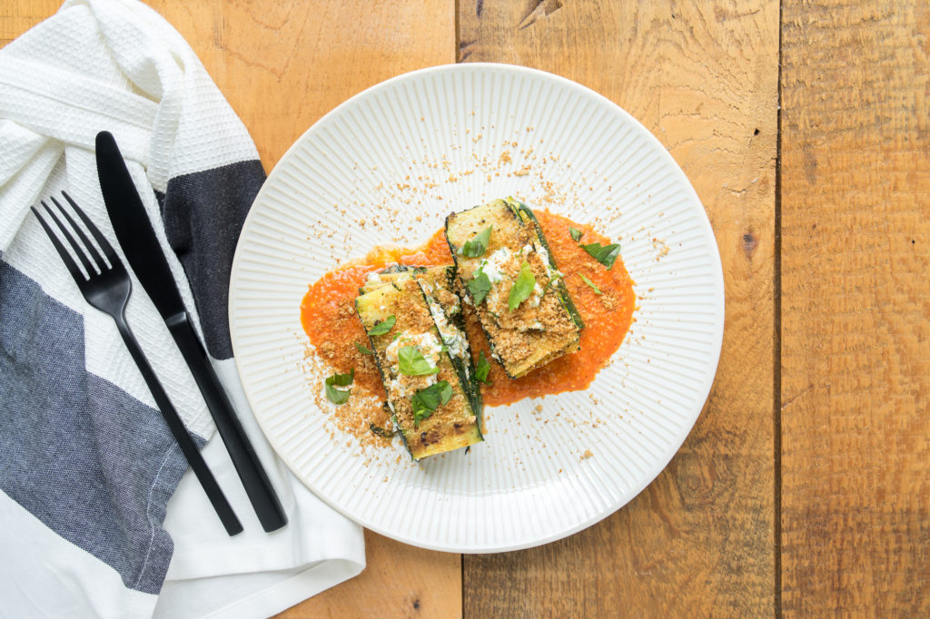 Grilled Zucchini + Chevre Stacks with Garlic Bread Crumbs and Romesco ...