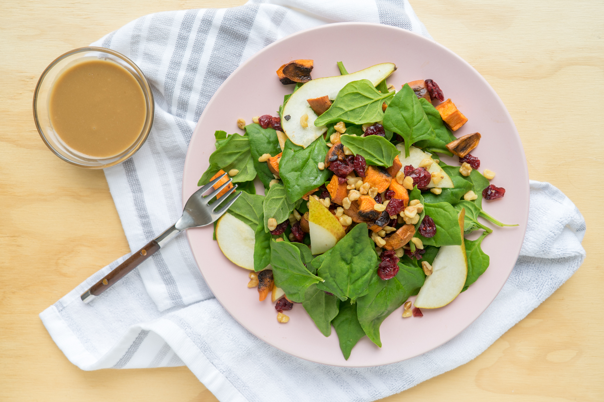 Ends+Stems Recipe: Sweet Potato, Pear, Spinach + Cranberry Salad with Walnuts