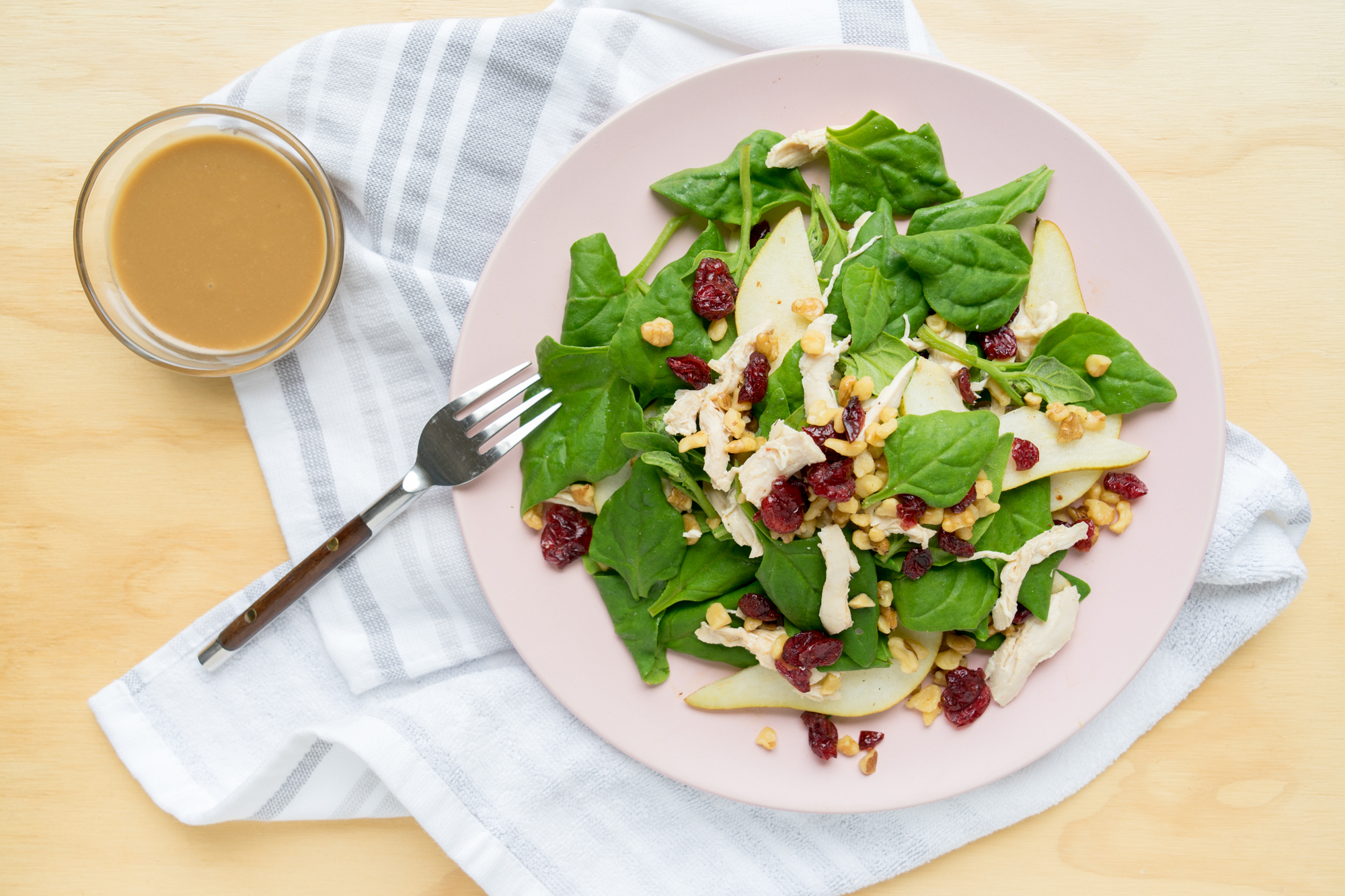 Chicken, Pear, Spinach + Cranberry Salad with Walnuts
