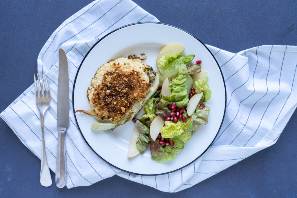 Miso Breadcrumb Baked Cauliflower, Butter Lettuce Salad with Asian Pear + Pomegranate - Ends + Stems with Chef Alison