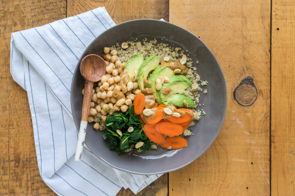 Grain Bowl with Roasted Garbanzo Beans, Spinach, Avocado + Peanut Sauce