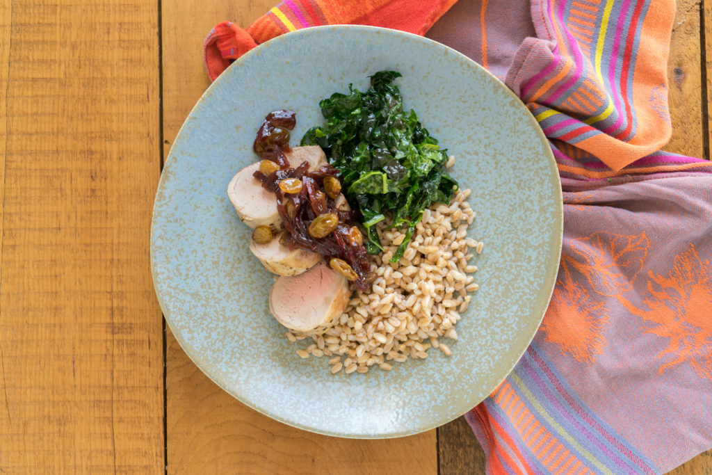 Agrodolce Pork Tenderloin, Farro + Kale Ends + Stems with Chef Alison