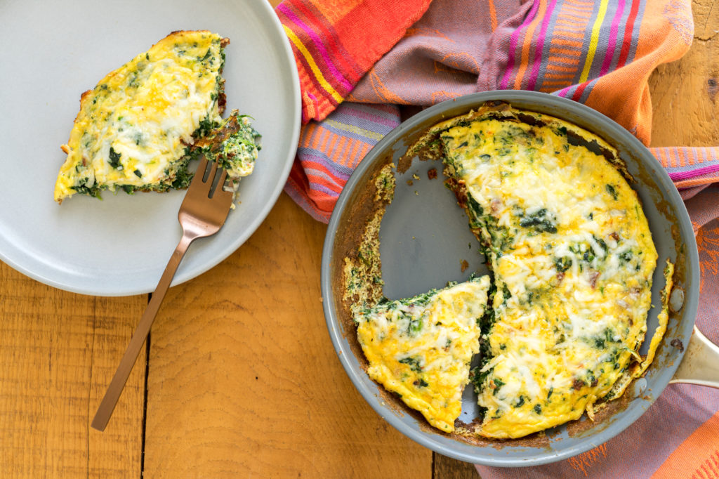 Egg Strata with Spinach, SunDried Tomato + Mozzarella Ends + Stems